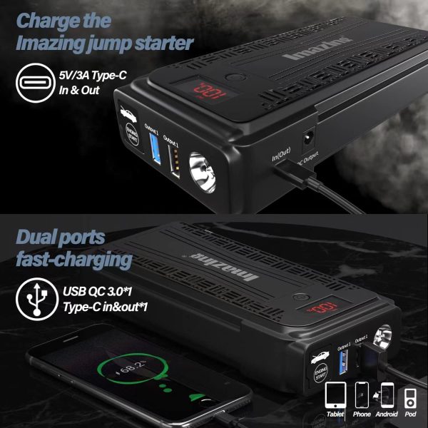 Imazing Portable Car Jump Starter - 2500A Peak 20000mAH (Up to 8L Gas/8L Diesel Engine) 12V Auto Battery Booster Portable Power Pack with LCD Display, QC 3.0 and LED Light - Image 6