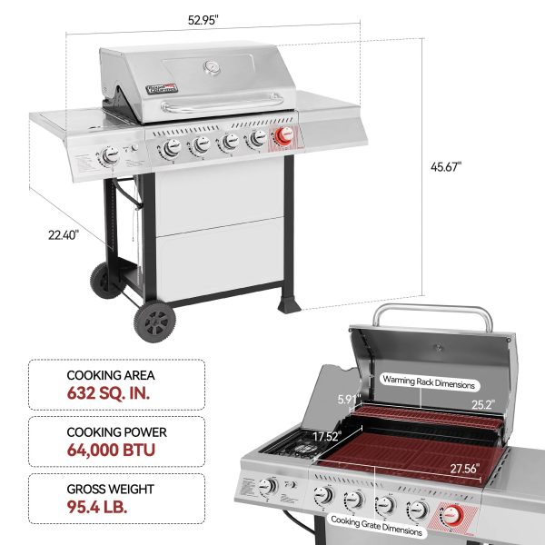 Royal Gourmet GA5401T 5-Burner BBQ Liquid Gas Grill with Sear Burner and Side Burner, 64,000 BTU - Image 4