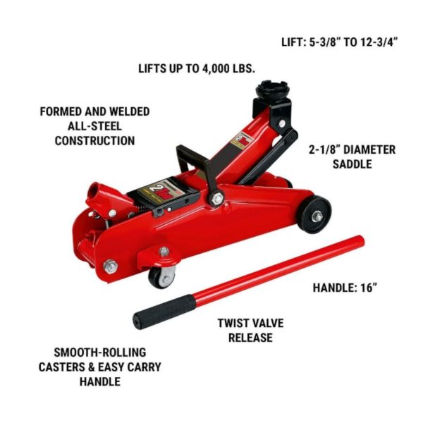 Low Profile Floor Jack 2 Ton Trolley Jack 4000LBS Capacity Heavy Steel Jack 5-3/8" to 13" Lifting, RED - Image 2