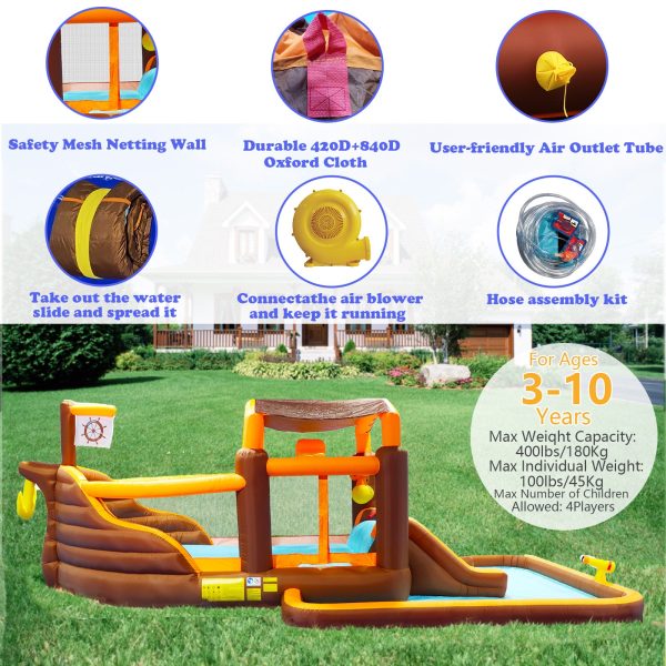 Track 7 Inflatable Water Park,Inflatable Big Bounce House Cruise Ship Pattern Slide Water Park Bouncer with Splash Pool & Basketball & Blower - Image 5