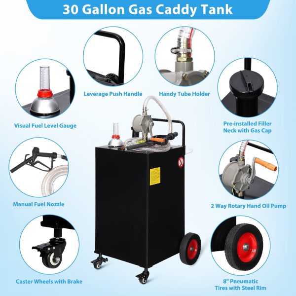 Fuel Caddy, 35 Gallon Portable Stainless Steel Gas Storage Tank On 4 Wheels with Manual Transfer Pump, Gasoline Diesel Fuel Container with Siphon Pump, for Cars Lawn Mowers ATVs Boats - Image 2