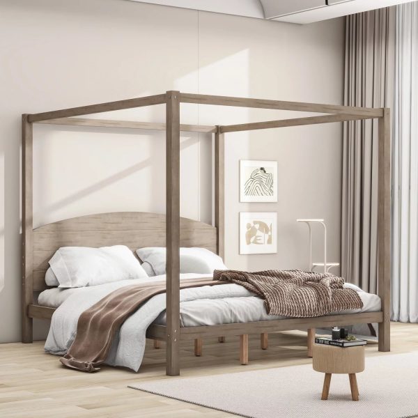 Upgrade your regal bedroom with this elegant and luxurious brown wash canopy platform king size bed. Featuring sturdy support legs and a stylish headboard this bed is the perfect additio