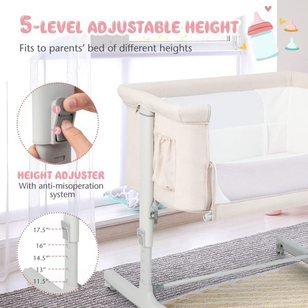 BABY JOY Bassinet Bedside Sleeper, 3 in 1 Folding Crib w/Adjustable Height, Mattress, Lockable Wheels, Storage Pocket & Carry Bag for Infant Newborn, Stationary & Rock, Portable Baby Bassinet (Beige) - Image 9