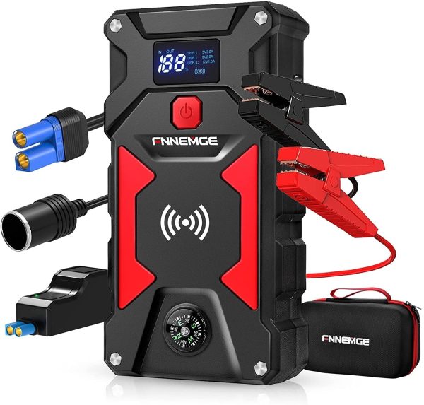 FNNEMGE Car Jump Starter 2500A Peak 24800mAh (Up to All Gas, 8.0L Diesel Engine), with 10W Wireless Charger Power Bank, 12V Auto Battery Booster with Smart Jumper Cable, USB Quick Charge 3.0